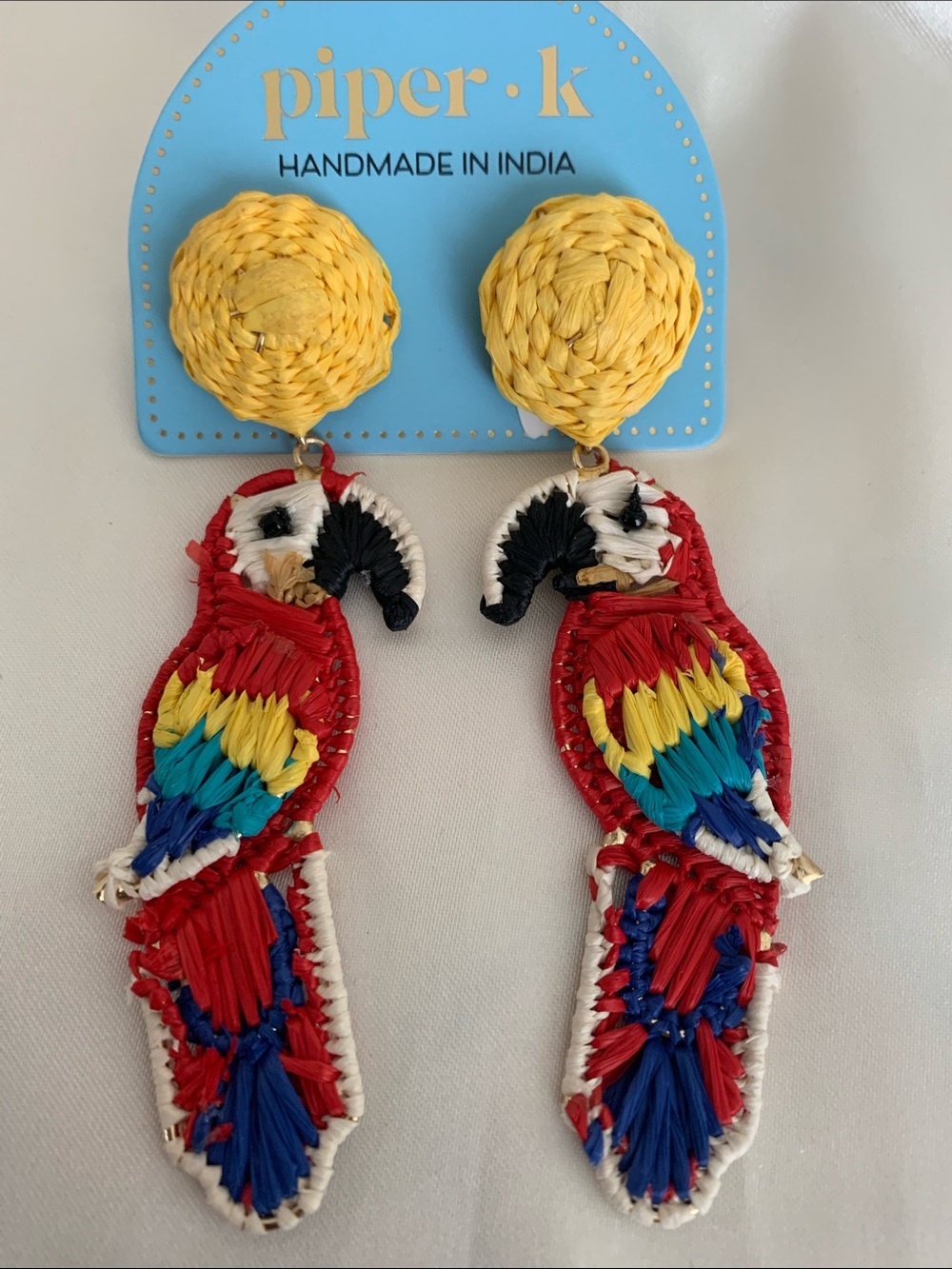 Piper Colorful Parrot Drop Earrings with Yellow Woven Studs